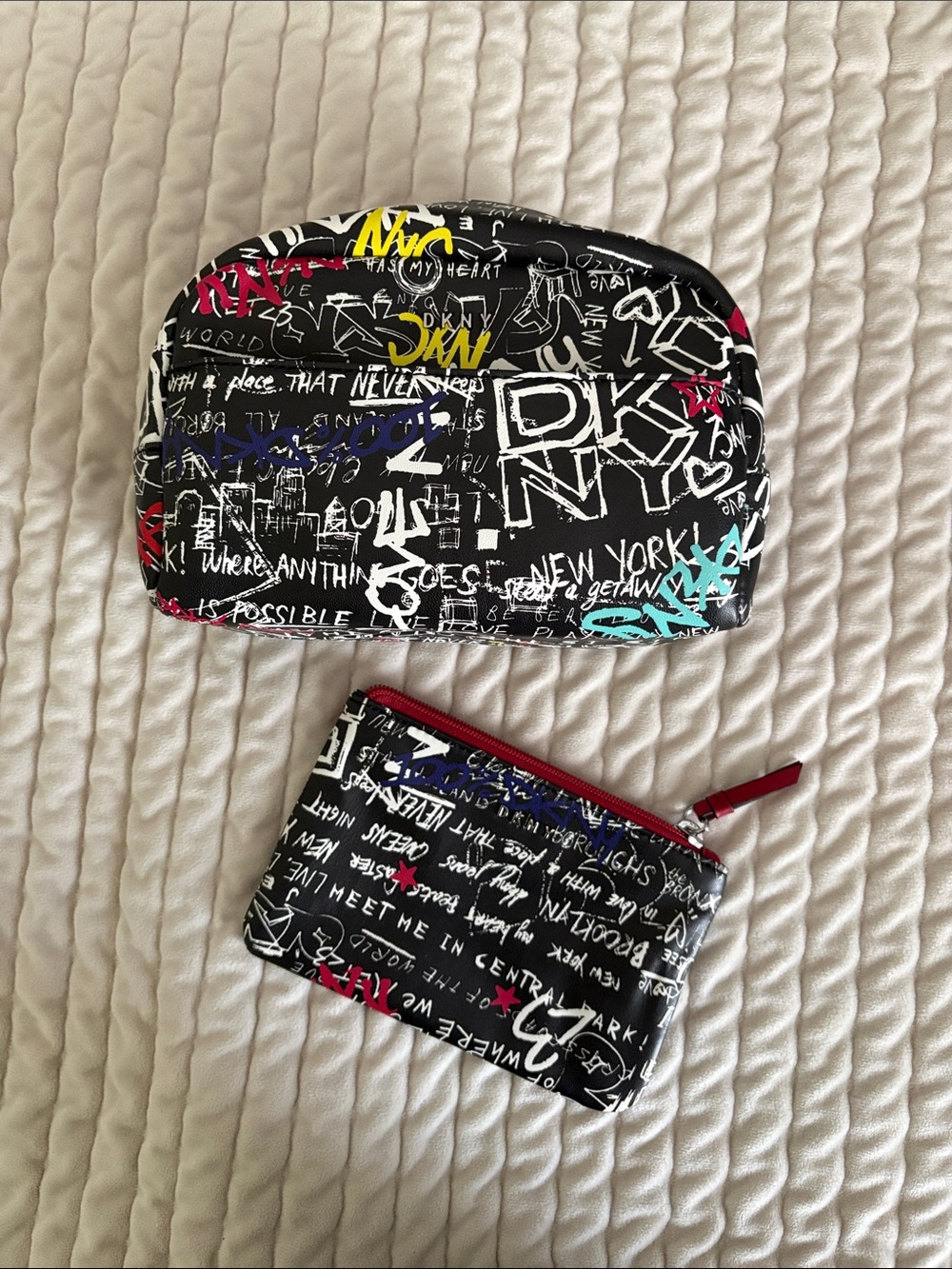 DKNY Black Graffiti Cosmetic Pouch Set with Multicolor Accents